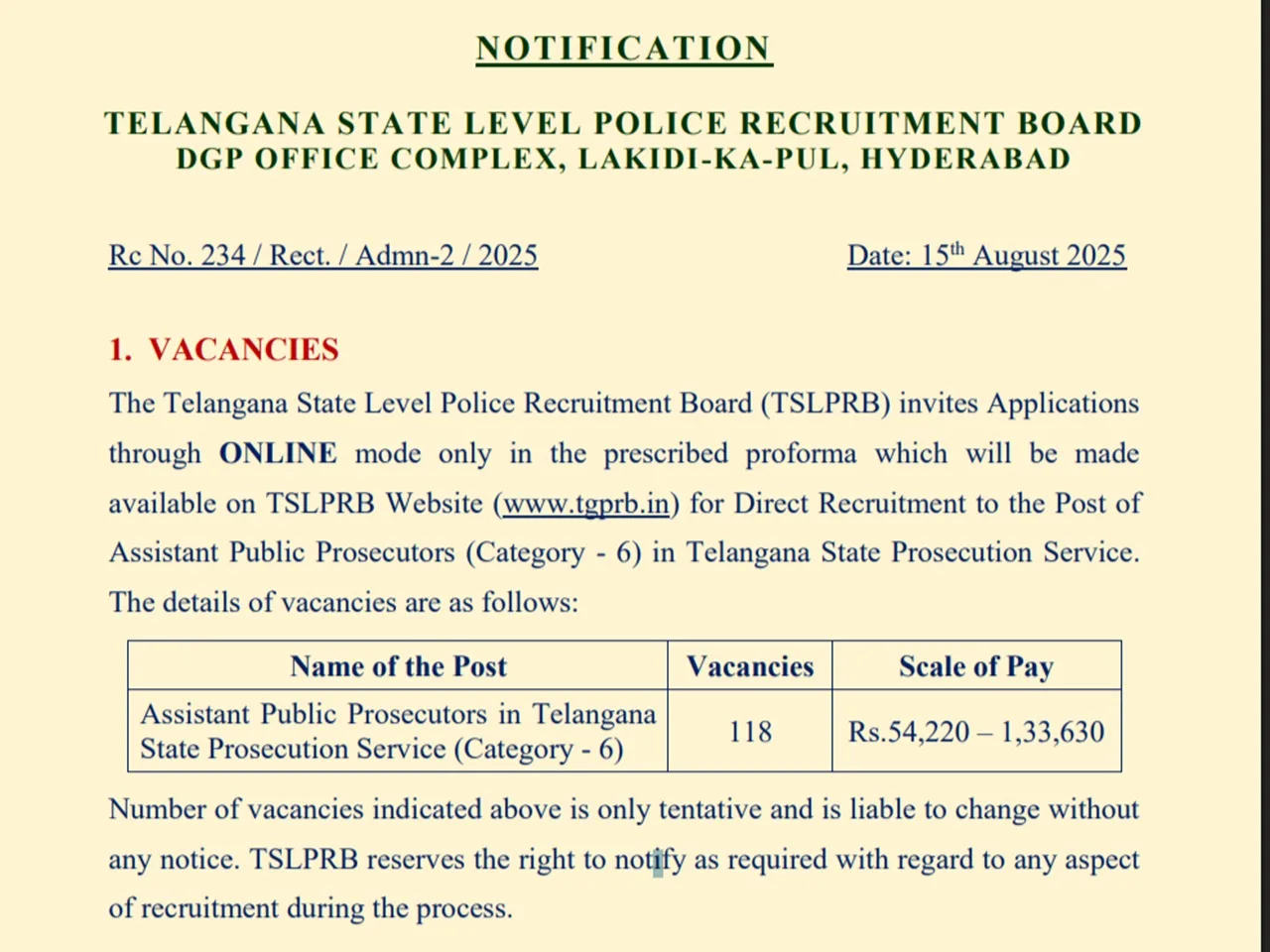 Telangana Police TSLPRB Assistant Public Prosecutors Recruitment 2025