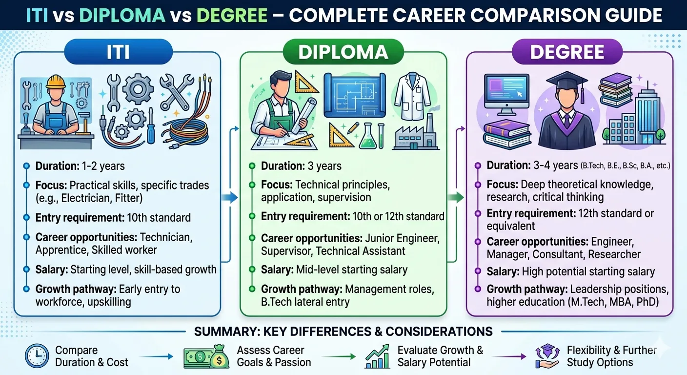 ITI vs Diploma vs Degree – Complete Career Comparison Guide