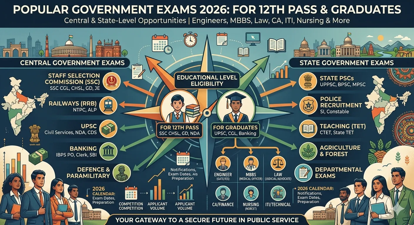 popular Government Exams 2026 For 12th Pass & Graduates engineer, mbbs,law, ca etc Central & State-Level